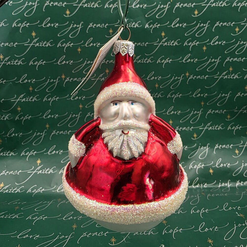 RADKO Santa Glass Christmas Ornament Roly Poly Round Red White 4.5” W Tag